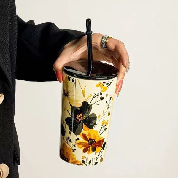 Retro Floral Straw Cup with Lid, High-End Mug, Household Water Cup for Girls, Office Coffee Juice Cup