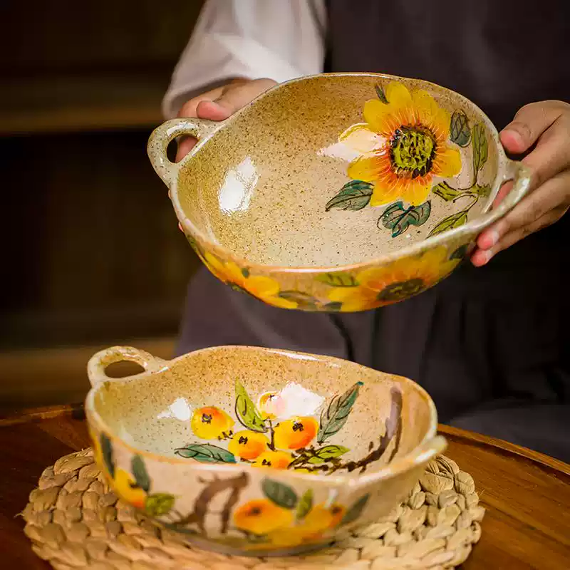 1 Pcs Large Chinese retro ceramic noodle bowl, underglaze painted coarse pottery handmade tableware