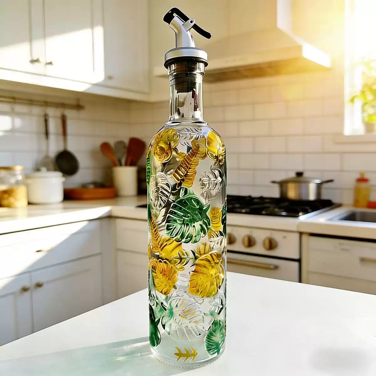 Hand-painted glass household kitchen vinegar bottle, oil bottle, condiment bottle, soy sauce bottle, round patterned food-grade retro embossed bottle