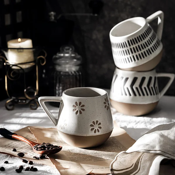 1 Pcs Japanese-Style Coarse Pottery Round Mug Creative Retro Hand-Painted Ceramic Household High-Value Water Cup Office Coffee Cup